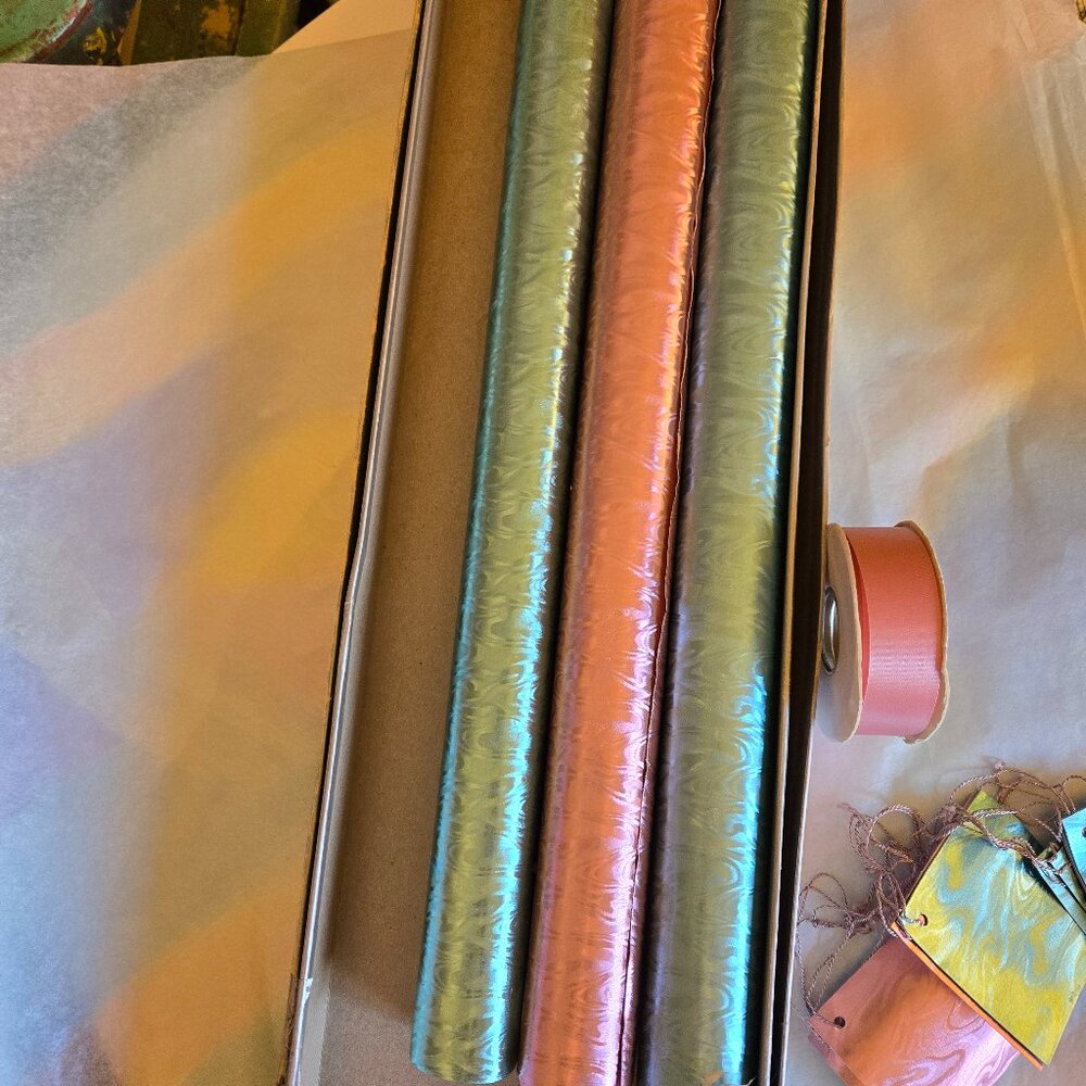 VINTAGE 1950'S WRAPPING PAPER GIFT SET , TISSUES, TAGS AND 3 PAPER COLORS